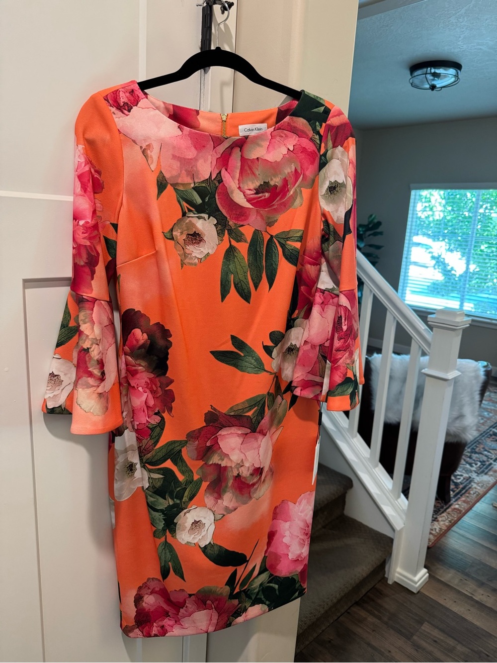 Calvin Klein Orange Floral Sheath Dress with Pink Blooms